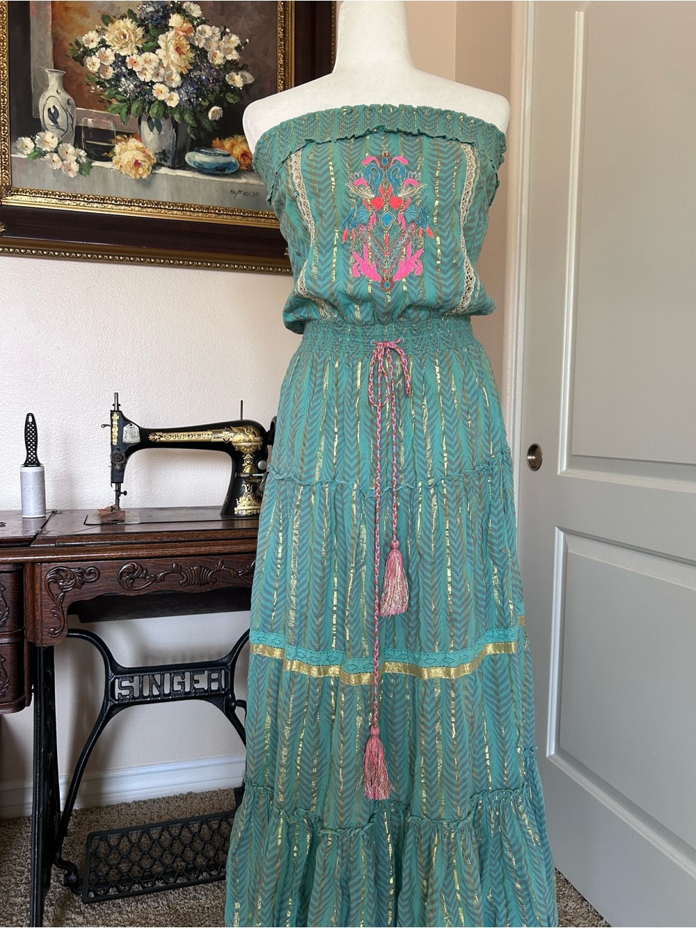 Boho Strapless Venus Aqua Maxi Dress with Embroidered Bodice